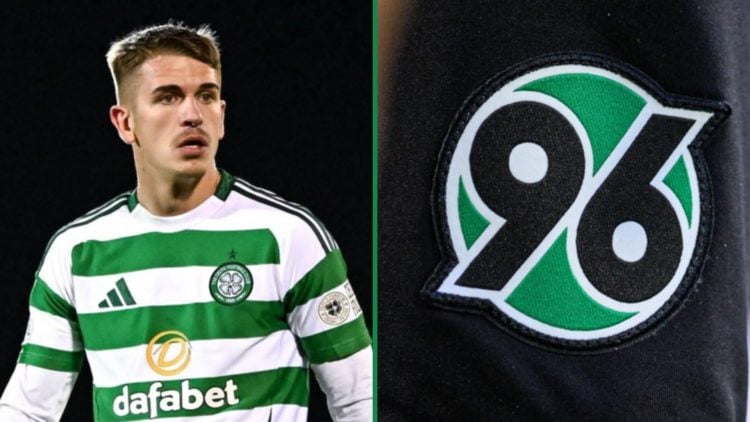 Celtic's Maik Nawrocki during a mid-season friendly vs Sligo Rovers left and the Hannover 96 badge shown on a pair of shorts right