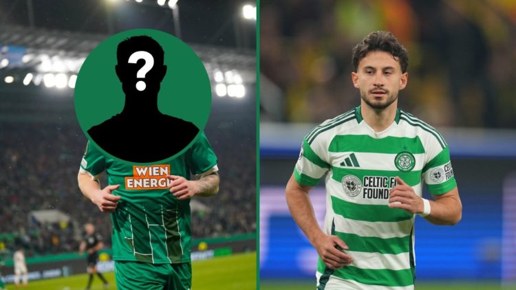 Isak Jansson during Rapid Wien's Conference League game against FK Borac, an inset of a mystery man, Nicolas Kuhn in action for Celtic during the C...
