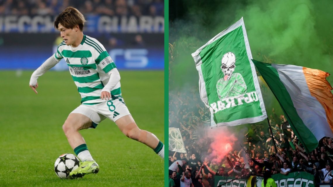 A split image of Kyogo Furuhashi in action for Celtic and the Celtic supporters waving flags against Rangers.