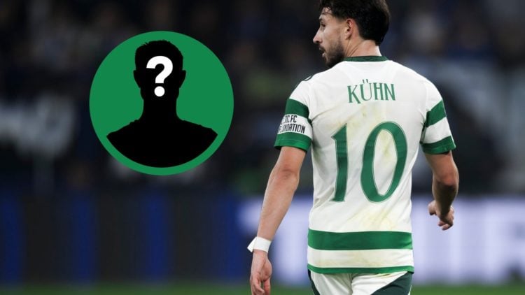 Nicolas Kuhn looking on whilst in action for Celtic, including an inset of a mystery player.