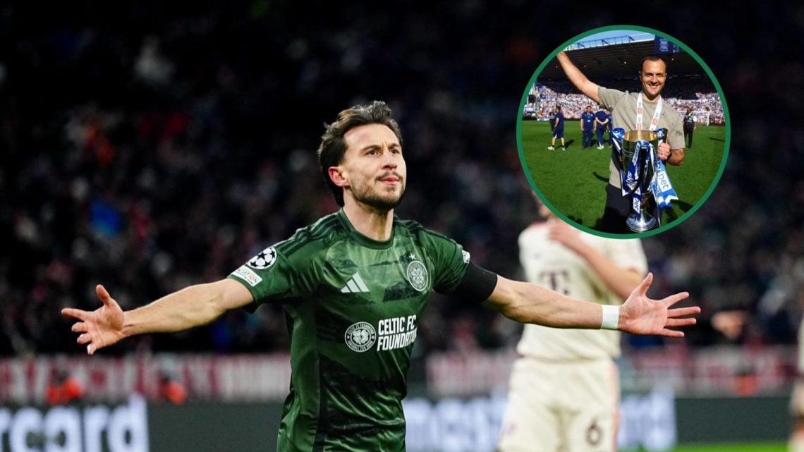 Nicolas Kuhn celebrates his goal for Celtic vs Bayern Munich, an inset of Chris Davies, Manager of Birmingham City, celebrating with the League One...