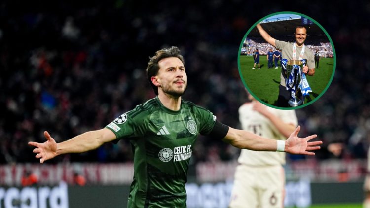 Nicolas Kuhn celebrates his goal for Celtic vs Bayern Munich, an inset of Chris Davies, Manager of Birmingham City, celebrating with the League One...