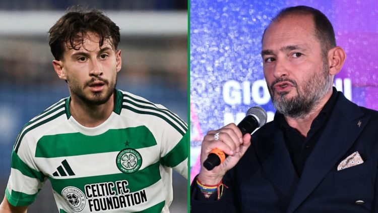 Nicolas Kuhn playing for Celtic in the Champions League left and Italian journalist Gianluca Di Marzio holding a microphone speaking at an event right