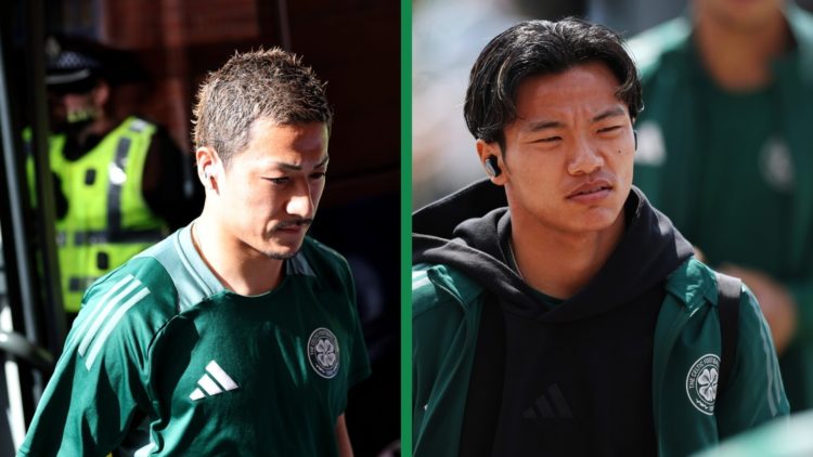 A split image of Daizen Maeda and Reo Hatate arriving for at Celtic.