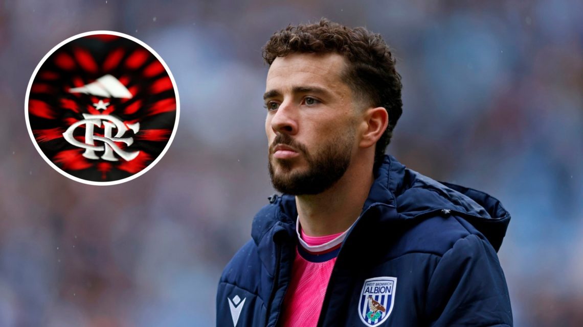 Mikey Johnston looks dejected during Coventry City vs West Brom, inset of a detailed view of the Flamengo badge on the front of their shirt