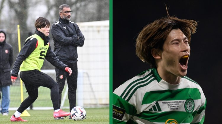 A split image of Kyogo Furuhashi in training for Rennes, and celebrating scoring a goal for Celtic.