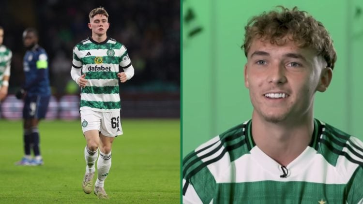 Mitchel Frame in action for Celtic during the Champions League tie against Feyenoord, Callum Osmand during an interview with Celtic TV inside the d...