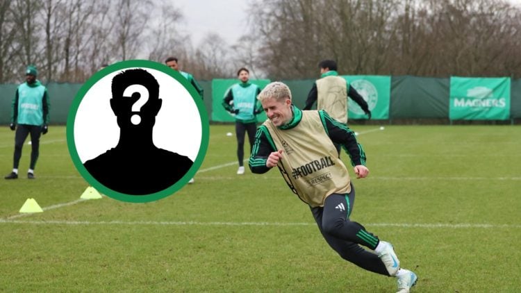 Luke McCowan is all smiles in Celtic training, including an inset of a mystery player.