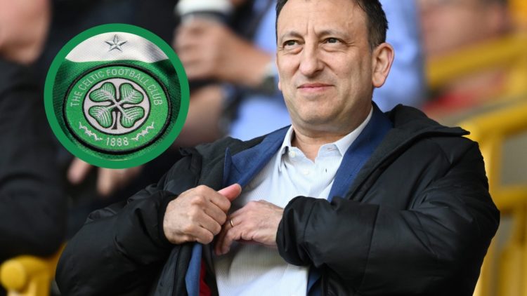Tony Bloom in attendance for Wolves against Brighton, including an inset of the Celtic FC badge.
