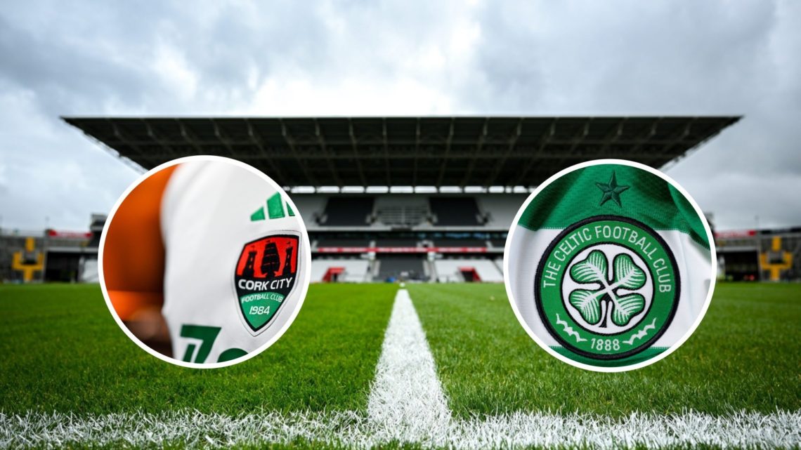 General view of SuperValu Páirc Uí Chaoimh stadium in background with Cork City and Celtic badges both inset centre