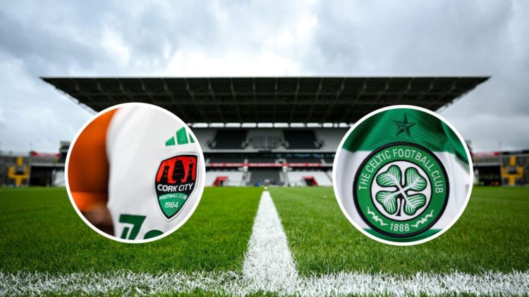 General view of SuperValu Páirc Uí Chaoimh stadium in background with Cork City and Celtic badges both inset centre