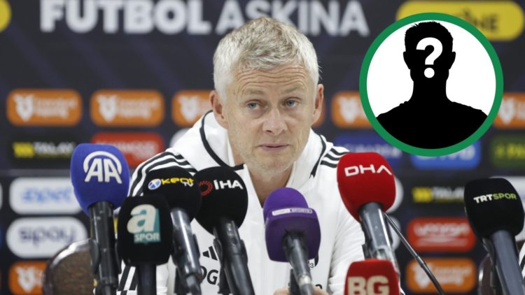 Ole Gunnar Solskjaer in a press conference as the Beşiktaş manager, including an inset of a mystery player.