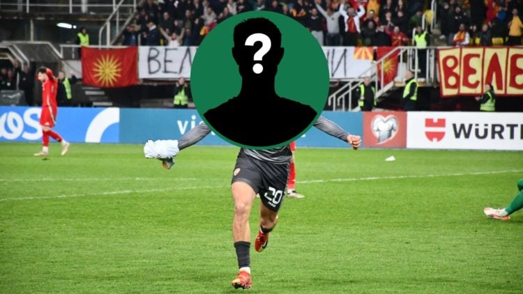 Bojan Miovski celebrates his goal for North Macedonia vs Wales in a 2026 World Cup qualifier, an inset of a mystery man