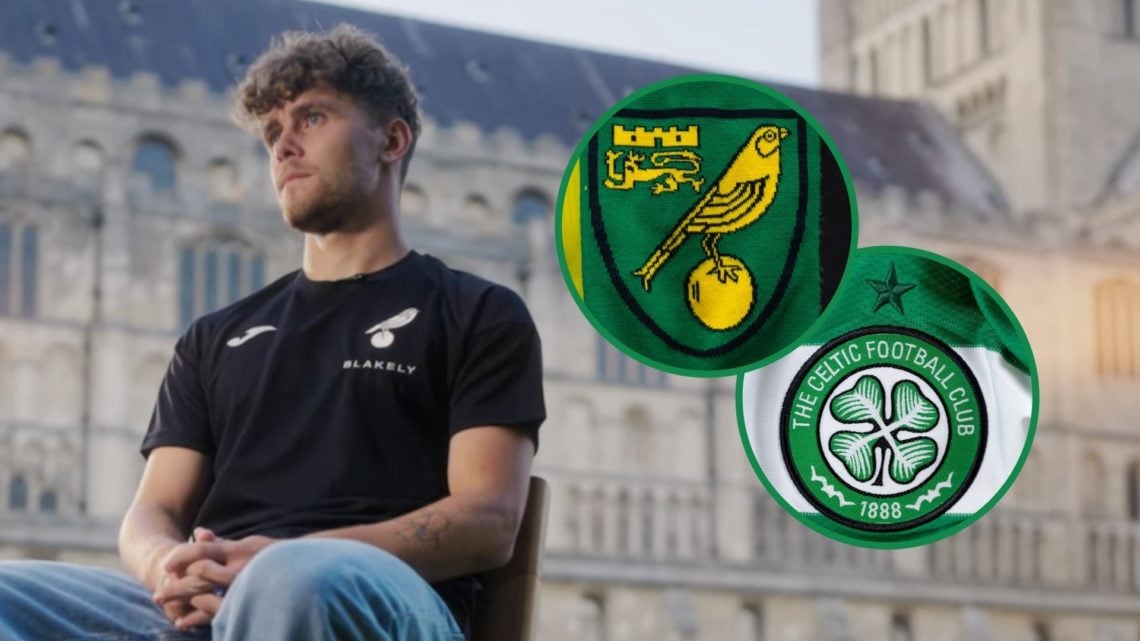 New Norwich City striker Mathias Kvistgaarden during a club media interview with cathedral in background & Celtic and Norwich City badges shown ins...