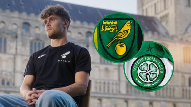 New Norwich City striker Mathias Kvistgaarden during a club media interview with cathedral in background & Celtic and Norwich City badges shown ins...