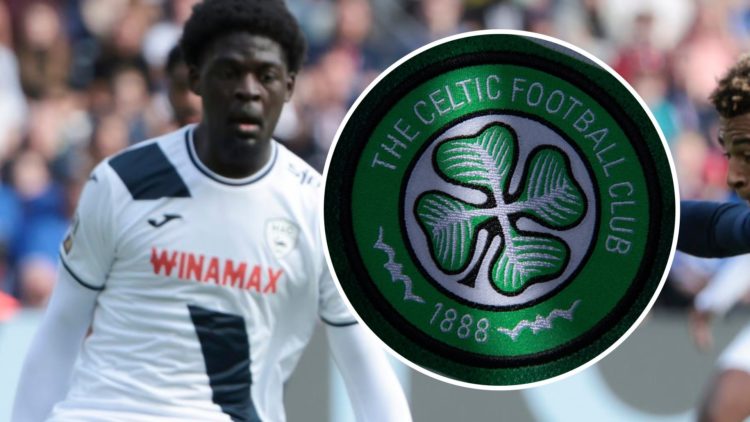 Étienne Youte Kinkoue blocking a shot for Le Havre against PSG left and Celtic badge inset right