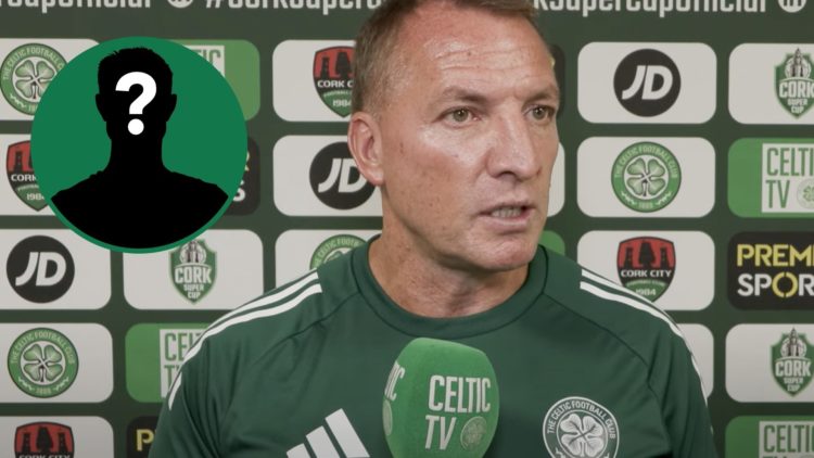 Brendan Rodgers speaks to Celtic TV after the 2-1 win against Cork City in pre-season, inset of a mystery man