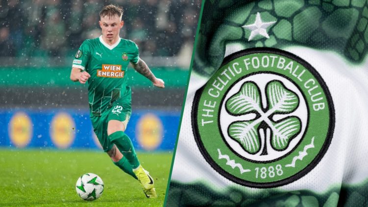 Isak Jansson of SK Rapid runs with the ball against FK Borac, a detailed view of the Celtic badge on a shirt