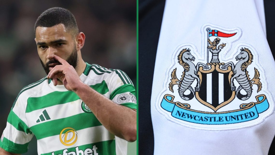 Cameron Carter-Vickers picks his nose during Champions League match for Celtic left and close-up view of Newcastle United badge on home jersey right