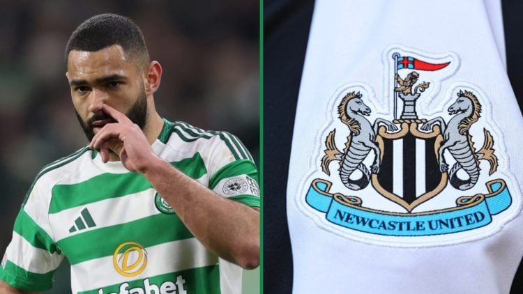 Cameron Carter-Vickers picks his nose during Champions League match for Celtic left and close-up view of Newcastle United badge on home jersey right