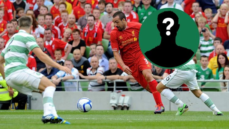 Dylan MCGeouch challenges Jose Enrique during Celtic's pre-season friendly vs Liverpool, an inset of a mystery man