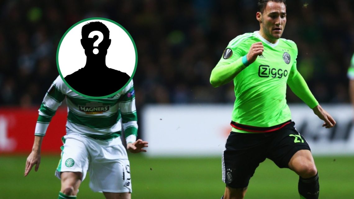Celtic midfielder Scott Allan playing against Ajax in the Europa League with a mystery overlay covering his face