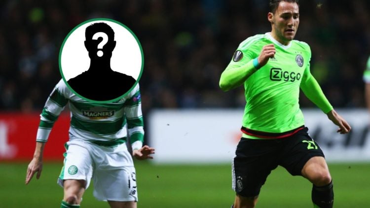 Celtic midfielder Scott Allan playing against Ajax in the Europa League with a mystery overlay covering his face