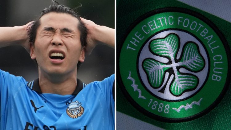 Kawasaki Frontale's Shin Yamada cuts a frustrated figure during J1 League clash left and general view of Celtic badge on home jersey right