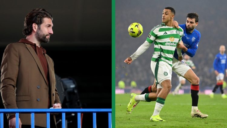 A split image of Charlie Mulgrew as a pundit at Hampden and Adam Idah action for Celtic.