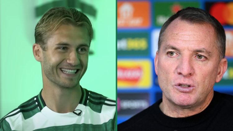 Benjamin Nygren smiles during his first interview as a Celtic player, Brendan Rodgers answers a question during a press conference
