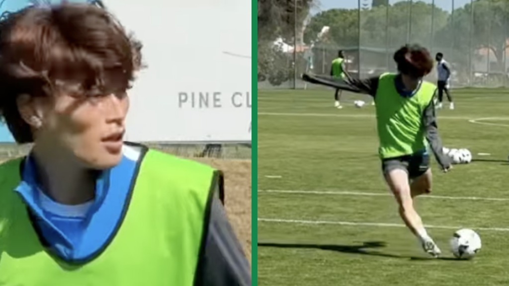 Kyogo Furuhashi trains with Birmingham City for the first time in Portugal left and Kyogo shooting towards goal right