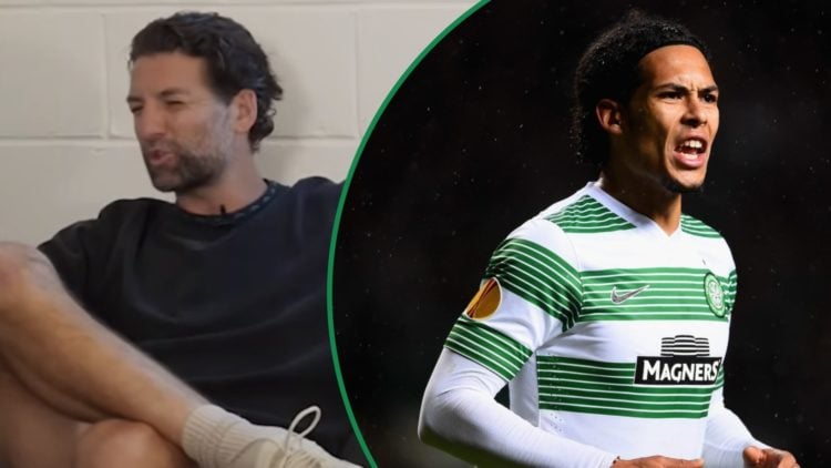 Charlie Mulgrew speaking on Open Goal's KTBOTG+ podcast left and Virgil van Dijk playing for Celtic against Inter Milan at Parkhead