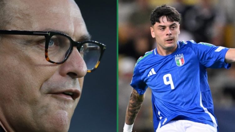 Cremonese's sporting director Simone Giacchetta in 2021 left and Giuseppe Ambrosino shooting while playing for Italy U21 right
