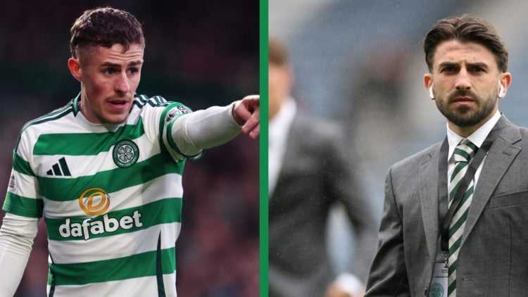 A split image of Greg Taylor at Hampden for Celtic, including Luke McCowan gesturing.