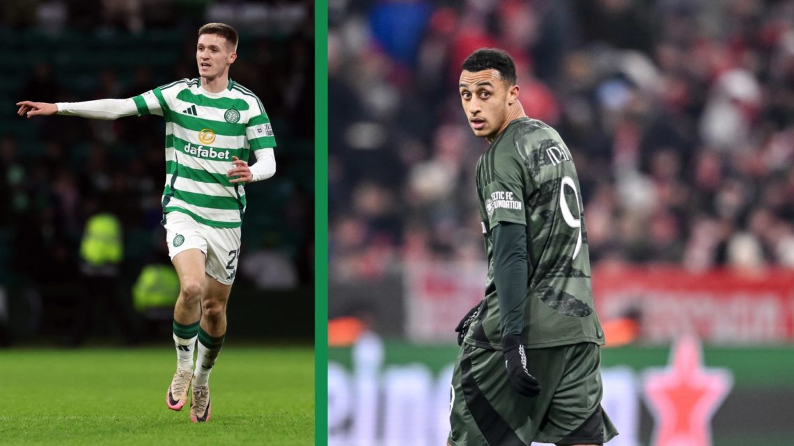 A split image of Johnny Kenny gesturing whilst playing for Celtic and Adam Idah in action for Celtic against Bayern Munich in the Champions League.
