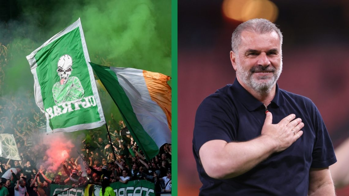 A split image of the Celtic supporters, including Ange Postecoglou at the Tottenham manager.