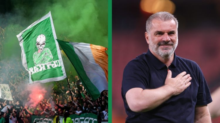 A split image of the Celtic supporters, including Ange Postecoglou at the Tottenham manager.