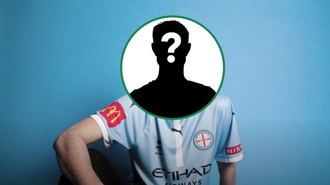Liam Bonetig poses for camera after signing for Melbourne City with mystery overlay covering his face