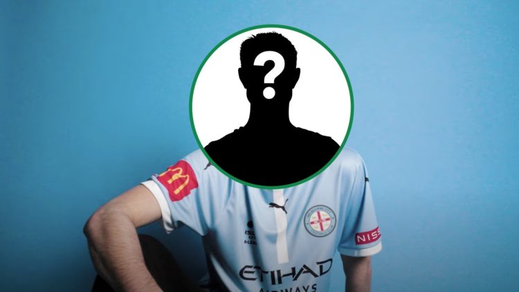 Liam Bonetig poses for camera after signing for Melbourne City with mystery overlay covering his face