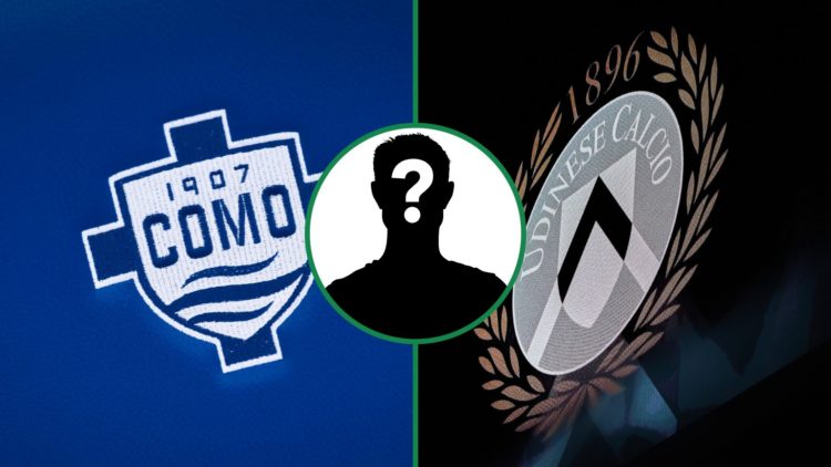 The badges of Serie A clubs Como (left) and Udinese (right) with a mystery overlay inset centre