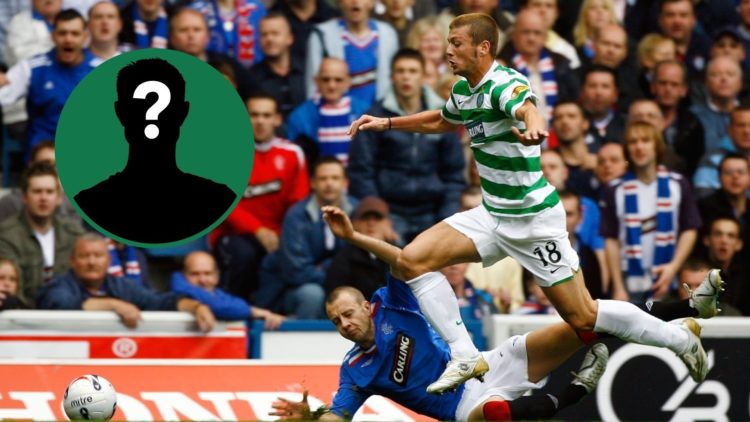 Massimo Donati tackles Alan Hutton during Rangers vs Celtic, an inset of a mystery man
