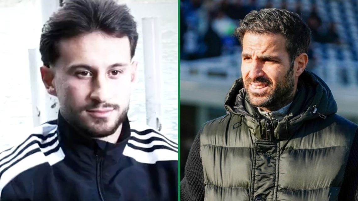 Nicolas Kuhn gets his picture taken in a Como tracksuit after signing for the club from Celtic left and Como manager Cesc Fabregas before a game right