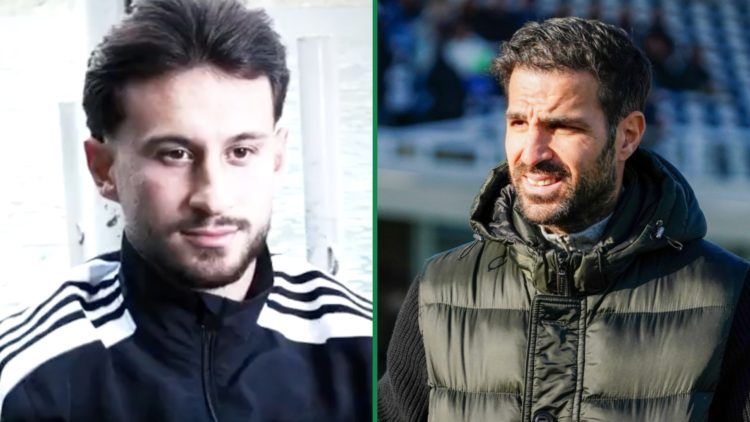 Nicolas Kuhn gets his picture taken in a Como tracksuit after signing for the club from Celtic left and Como manager Cesc Fabregas before a game right
