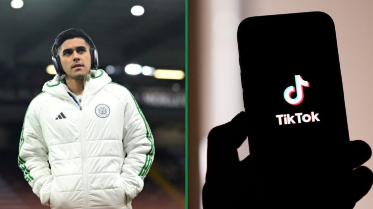 Luis Palma with headphones on before Aston Villa vs Celtic at Villa Park left and someone holding a mobile phone with the TikTok logo on screen right