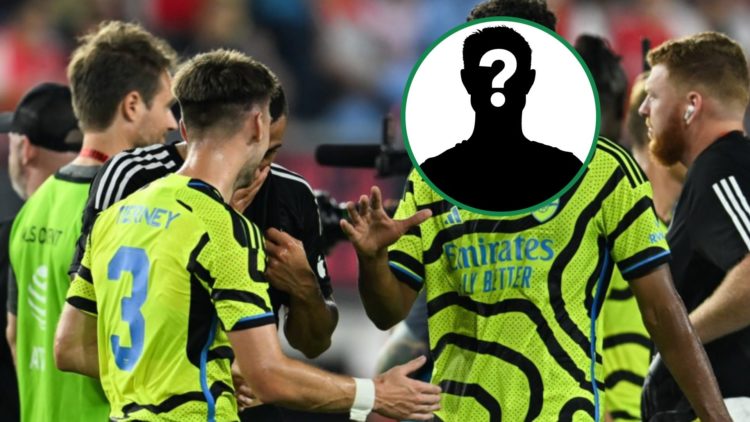 Kieran Tierney shakes hands with Auston Trusty after an Arsenal pre-season game, with mystery overlay covering Trusty's face