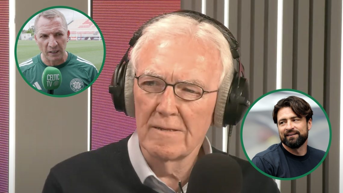 Hugh Keevins looks confused live on Clyde 1 Superscoreboard radio show, inset of Brendan Rodgers speaking to Celtic TV after Celtic lost to Estrela...