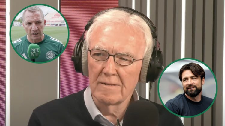 Hugh Keevins looks confused live on Clyde 1 Superscoreboard radio show, inset of Brendan Rodgers speaking to Celtic TV after Celtic lost to Estrela...