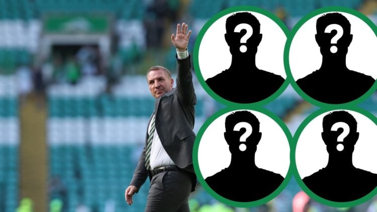 Brendan Rodgers waves to the Celtic crowd, including four insets of mystery players.