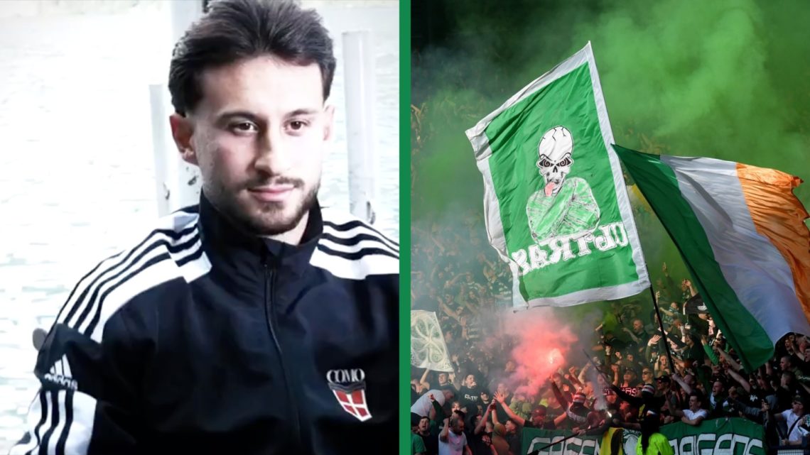 A split image of Nicolas Kuhn in the colours of Como and Celtic fans celebrate with flags and flares after Kyogo Furuhashi of Celtic scores the tea...