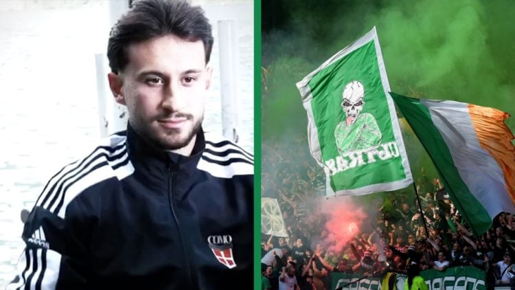 A split image of Nicolas Kuhn in the colours of Como and Celtic fans celebrate with flags and flares after Kyogo Furuhashi of Celtic scores the tea...